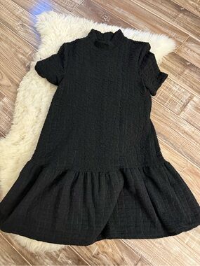 Zara Black Textured Ruffle-Hem Mock Neck Dress